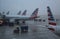 American Airlines planes at O`Hare Airport in Chicago in rainy weather