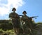 American allied soldiers in trench uniforms fight German enemies along the Gothic Line in a historical reenactment