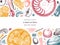 American apple pie cooking process banner. Hand drawn baking cakes, pies and ingredients design. Homemade fruits dessert recipe