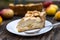 American apple Tsvetaevsky jellied open pie piece on a plate, close-up, on a dark wooden background. Flat lay