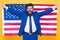 American by birth. Rebel by choice. Confident businessman handsome bearded man in formal suit hold flag USA. Successful