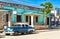 American blue vintage car with a white roof parked on the street in Santa Clara Cuba - Serie Cuba Reportage