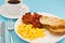American breakfast, bacon scrambled egg and coffee