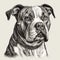 american bulldog, engraving style, close-up portrait, black and white drawing, brave companion dog