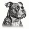 american bulldog, engraving style, close-up portrait, black and white drawing, brave companion dog, favorite pet