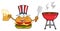 American Burger Cartoon Mascot Character Holding A Beer And Bbq Slotted Spatula By A Grill