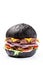American burgers from black, red bread. With meat patty, cheddar cheese, lettuce, tomato and sous, burgers on a white background