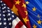 American, Chinese and European Union flags