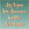 American city vector lettering. Typography, USA - Las Vegas, San Francisco, Seattle, Los Angeles on retro striped blue