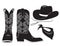 American cowboy clothes. Vector black graphic illustration of western boot cowboy hat and bandanna isolated on white