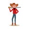 American cowboy standing with a gun behind wearing a red shirt, hat, boots. Vector illustration in flat cartoon style