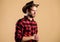 American cowboy. Western life. Man unshaven cowboy beige background. Unshaven guy in cowboy hat. Handsome bearded macho