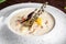 American cuisine concept. American soup chowder with chicken broth and milk, with bacon and mussels