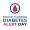 American Diabetes Alert Day banner or flyer with diabetes symbol - blue round frame. Celebrate annual on Fourth Tuesday