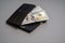 American dollar banknotes stack, pack of money in black wallet, rich, luxury, currency