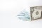 American dollar closeup of blue euro money banknotes. Money savings concept. Euro cash on white background