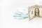 American dollar closeup of blue euro money banknotes. Money savings concept. Euro cash on white background