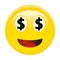 American dollar smiley emoticon. Yellow laughing 3d emoji with black USD symbols in place of eyes and red opened mouth.