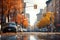 American downtown street view at autumn morning , neural network generated image