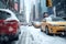 American downtown street view at snowy winter day, neural network generated image