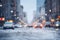 American downtown street view at snowy winter morning, neural network generated image