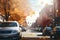 American downtown street view at sunny autumn day, neural network generated image