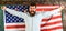 American educational system concept. Man with beard and mustache on happy face holds flag of USA, wooden background