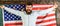 American educational system concept. Student exchange program. Man with beard and mustache on happy face holds flag of