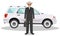 American, european businessman standing near the car on white background in flat style. Detailed illustration of automobile and ma