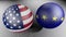 American and european flags on two spheres - 3D rendering illustration