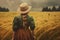 American farmer girl at wheat field. Generate Ai