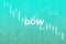 American financial market index Dow Jones ticker DOW on blue finance background from numbers, graphs, pillars, candles, bars.