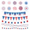 American flag color banners, garlands and fireworks vector collection. Happy Independence Day, 4th July, american