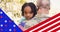 American flag design against rear view of african american soldier carrying his son