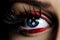 American flag eye. striking close-up with vibrant colors, patriotic female eyeball, dark backdrop