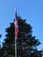 American flag on flagpole against background of green wood and blue sky