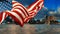 American flag flying the a Skyline view new york city manhattan downtown skyline