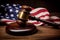 American flag, a golden scale and a judges gavel symbolizing the American justice system or the Judicial Branch of