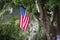 An american flag outside hanging from a tree