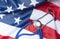 American flag with stethoscope. Medicine and health in USA concept