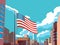American Flag Waving with Skyscraper Building of the City in Blue Sky Background. USA National Festival Celebration Banner