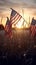 American flags in the grass at sunset. Happy Veterans Day, Memorial Day, Independence Day