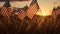 American flags in the grass at sunset. Happy Veterans Day, Memorial Day, Independence Day