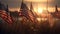 American flags in the grass at sunset. Happy Veterans Day, Memorial Day, Independence Day