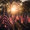 American flags set up for happy Veterans Day, Memorial Day, and Independence Day. Afternoon sun