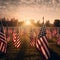 American flags set up for happy Veterans Day, Memorial Day, and Independence Day. Afternoon sun