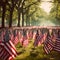 American flags set up for happy Veterans Day, Memorial Day, and Independence Day. Afternoon sun