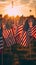 American flags set up for happy Veterans Day, Memorial Day, and Independence Day. Afternoon sun