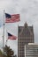 American flags and skyscrapers, Detroit, USA