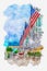 American Flags Waving in Air from White Pillar Building Watercolor Painting